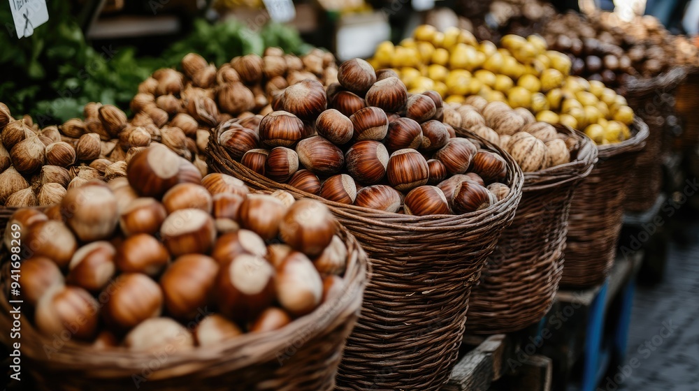 Close-up of chestnuts and walnuts piled high in baskets at a local food market. The natural textures and earthy colors evoke a cozy, Close-up of chestnuts and walnuts piled high in baskets at a local food market. The natural textures and earthy colors evoke a cozy,