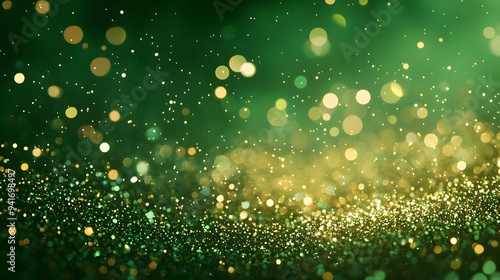 A mesmerizing blur of green and golden sparkles in a dreamy atmosphere.