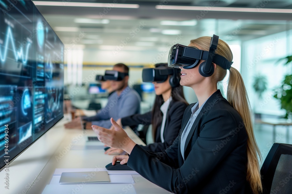 A group of professionals engaged in a virtual reality (VR) meeting, each wearing VR headsets and interacting through avatars. The setting is a futuristic conference room with floating holographic disp A group of professionals engaged in a virtual reality (VR) meeting, each wearing VR headsets and interacting through avatars. The setting is a futuristic conference room with floating holographic disp