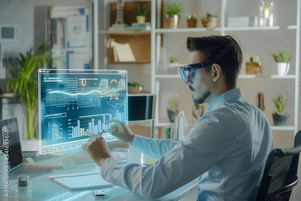 A professional working in a high-tech office using a holographic computer. The holographic display features 3D graphs, data charts, and virtual documents, showcasing advanced technology and modern A professional working in a high-tech office using a holographic computer. The holographic display features 3D graphs, data charts, and virtual documents, showcasing advanced technology and modern