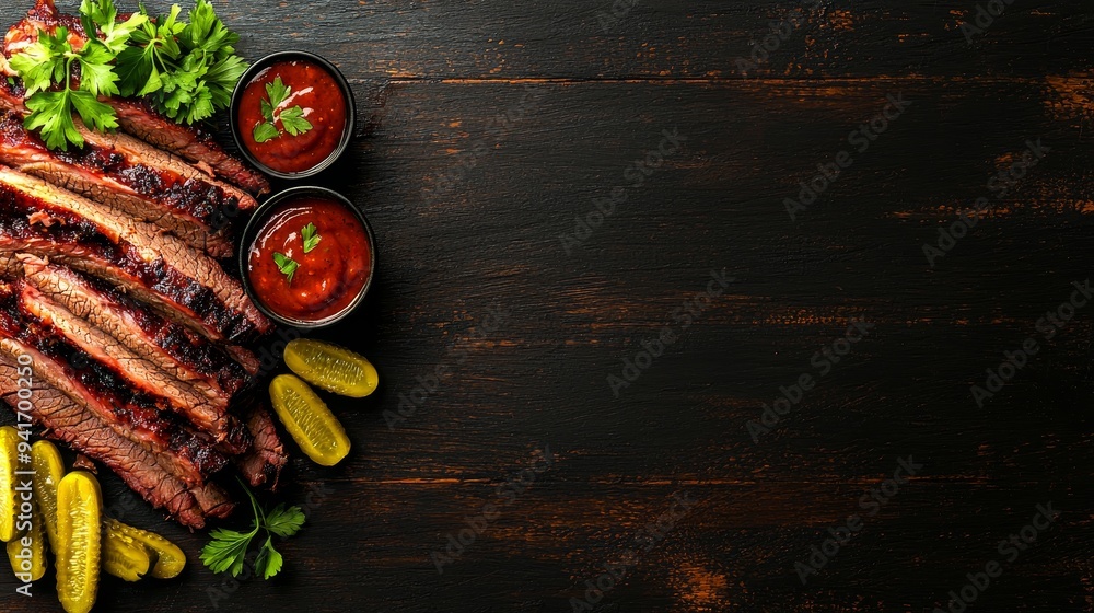 Sliced brisket, perfectly smoked, accompanied by pickles and dipping sauce, 3D illustration, copy space for text Sliced brisket, perfectly smoked, accompanied by pickles and dipping sauce, 3D illustration, copy space for text