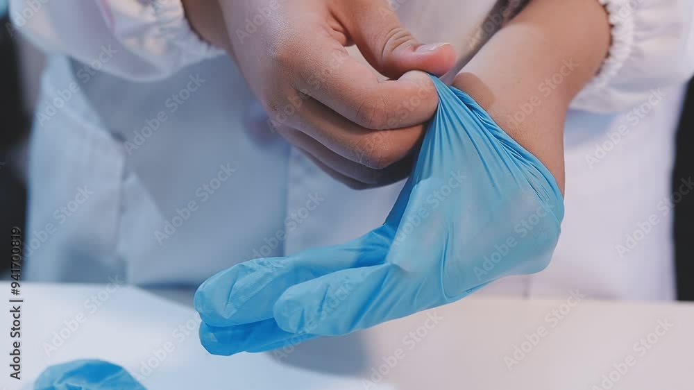 Woman doctor putting blue latex medical gloves on white background.Surgeon wearing gloves before surgery at operating room.Risk and infection control concept. Woman doctor putting blue latex medical gloves on white background.Surgeon wearing gloves before surgery at operating room.Risk and infection control concept.