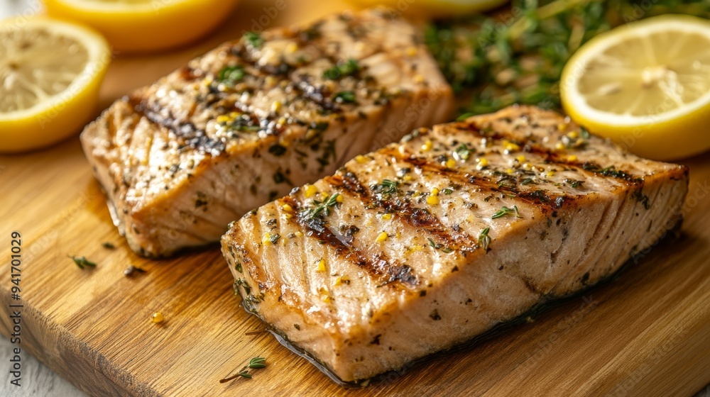 Grilled tuna fillets garnished with herbs and lemon wedges on a wooden cutting board Grilled tuna fillets garnished with herbs and lemon wedges on a wooden cutting board