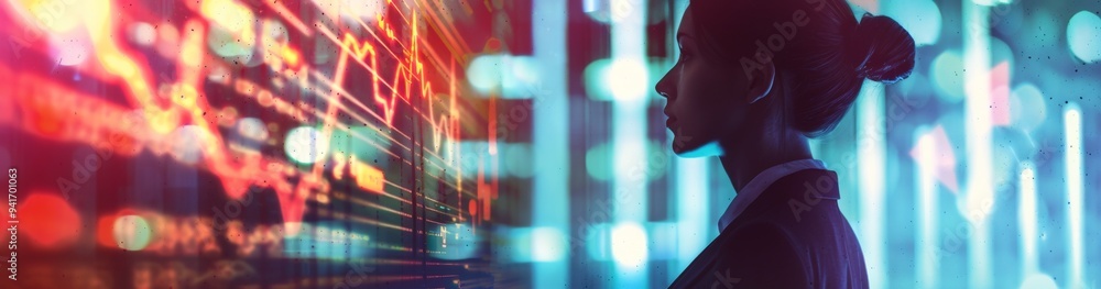 A businesswoman analyzes financial charts and stock market data on a hightech digital interface, showcasing modern finance. Vibrant colors represent dynamic market trends and data visualizations A businesswoman analyzes financial charts and stock market data on a hightech digital interface, showcasing modern finance. Vibrant colors represent dynamic market trends and data visualizations