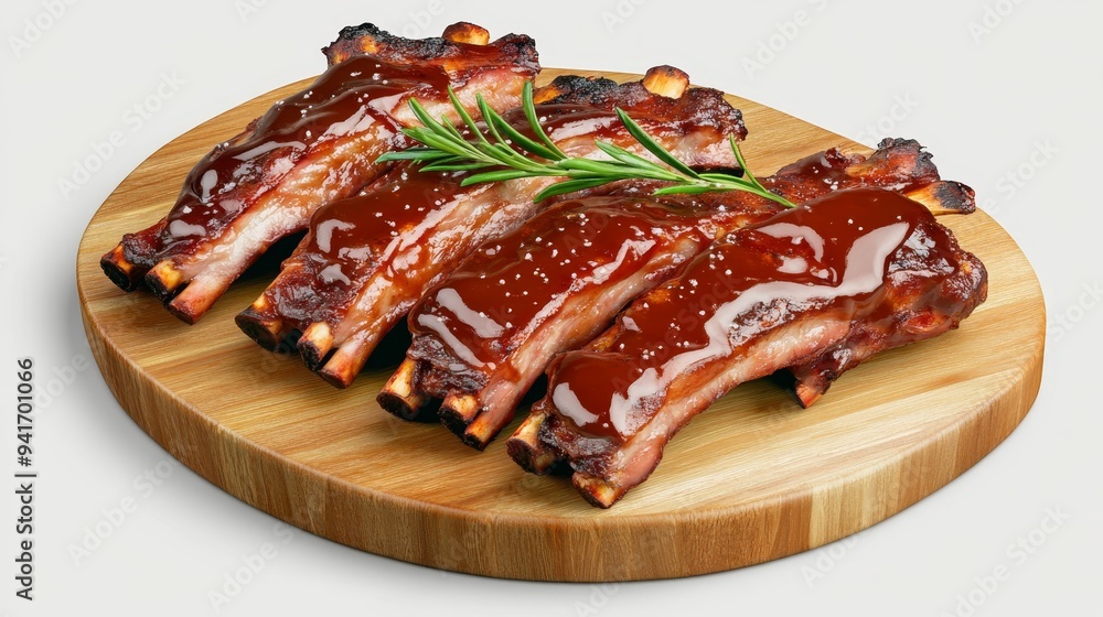 Succulent ribs with sticky BBQ sauce, rustic wooden serving platter, 3D illustration Succulent ribs with sticky BBQ sauce, rustic wooden serving platter, 3D illustration