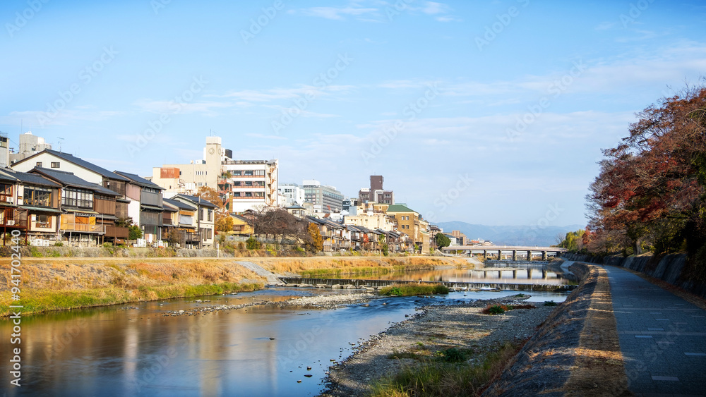 Cityscape skyline at Kamo river in a morning, Kyoto city, Japan. Cityscape skyline at Kamo river in a morning, Kyoto city, Japan.