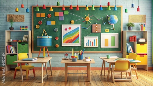 A colorful classroom scene with a chalkboard filled with notes, diagrams, and illustrations, surrounded by educational resources and visual aids for effective learning.