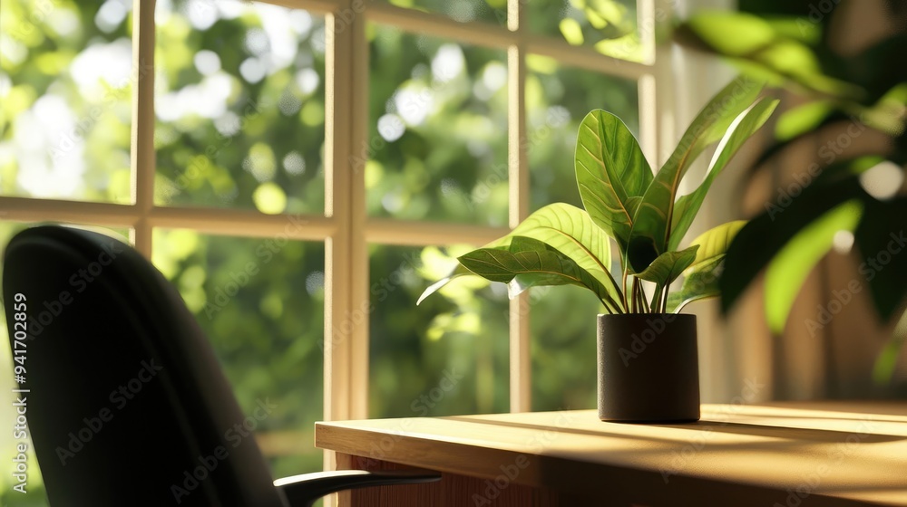 A serene workspace featuring a green plant on a wooden desk, illuminated by natural light coming through a window. A serene workspace featuring a green plant on a wooden desk, illuminated by natural light coming through a window.