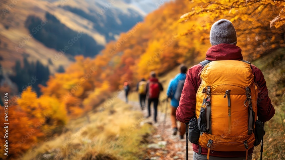 A mountain trail in autumn, with hikers admiring the vibrant colors of the changing leaves A mountain trail in autumn, with hikers admiring the vibrant colors of the changing leaves