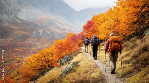 A mountain trail in autumn, with hikers admiring the vibrant colors of the changing leaves