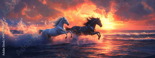 Wild Horses Galloping Through Waves