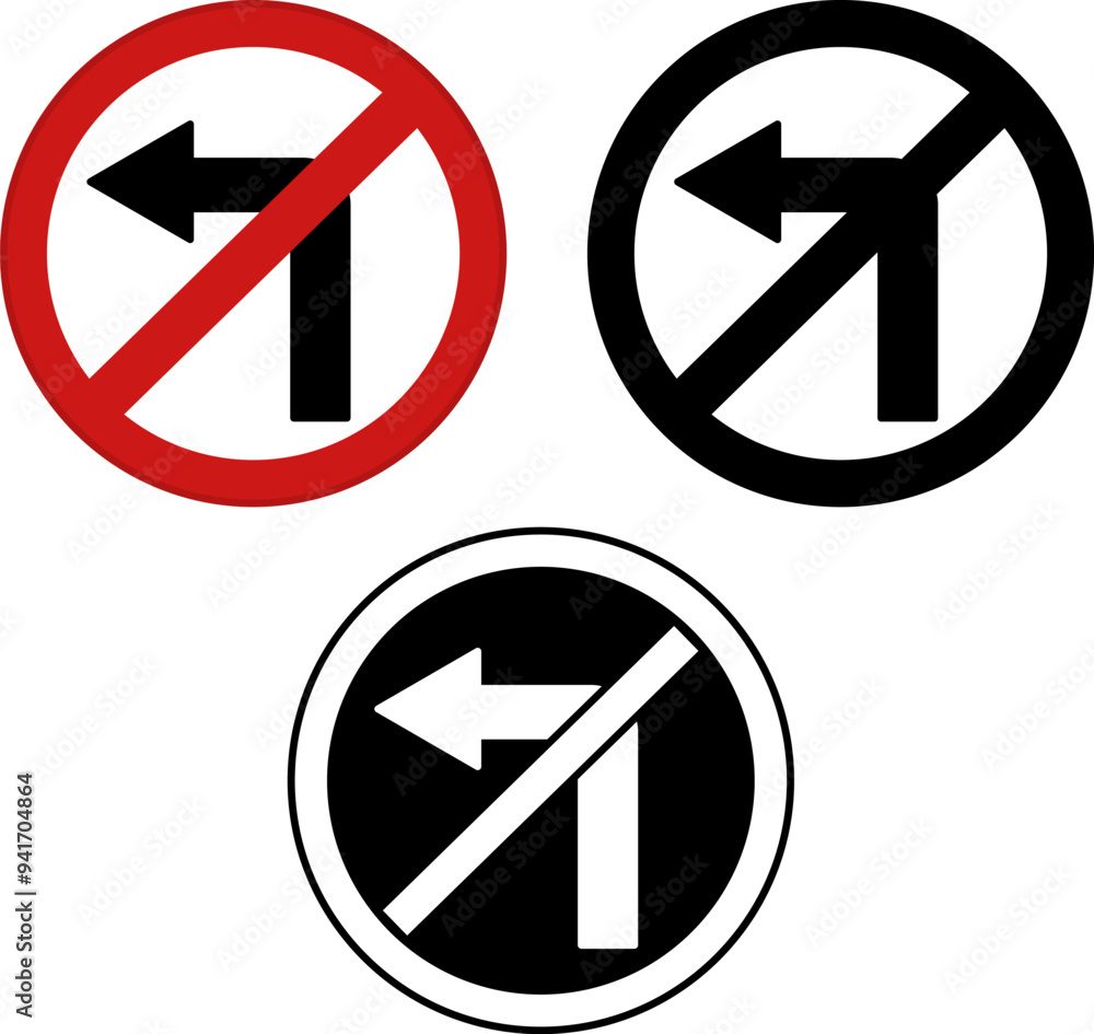 No Left Turn Signs. Warning Road Signs. Red, Black, and White Vector Icons No Left Turn Signs. Warning Road Signs. Red, Black, and White Vector Icons