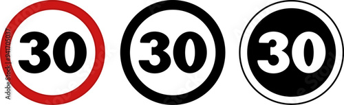 Signs Speed ​​Limit 30. Warning Road Signs. Maximum Car Speed. Red, Black, and White Vector Icons