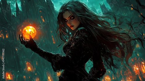 portrait of beautiful witch holding fire magic ball on night city, fortuneteller soothsayer or palmist, Halloween concept art, fantasy mysterious wallpaper, miracle storybook dream background