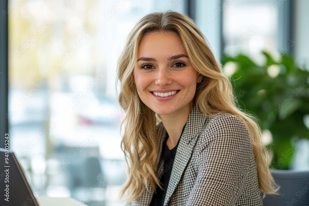 A businesswoman with a positive expression uses her laptop in a stylish, sunlit office. A businesswoman with a positive expression uses her laptop in a stylish, sunlit office.