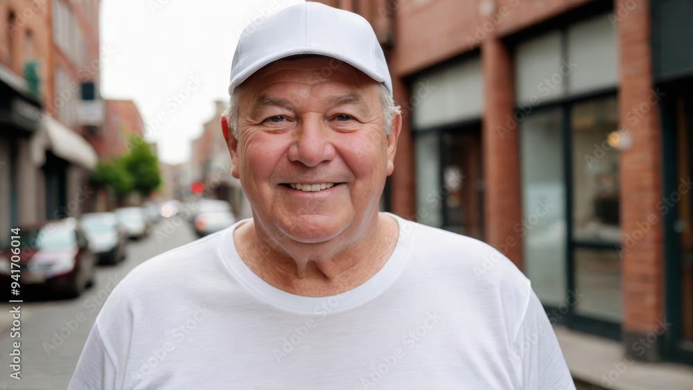 Plus size senior man wearing white t-shirt and white baseball cap standing on the street Plus size senior man wearing white t-shirt and white baseball cap standing on the street