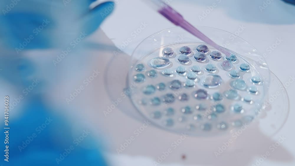 Medical development research laboratory, chemist or science scientist student hand in glove, drop water into pipette for test analysis liquid sample in clinic lab. Microbiology, analysing for medicine Medical development research laboratory, chemist or science scientist student hand in glove, drop water into pipette for test analysis liquid sample in clinic lab. Microbiology, analysing for medicine