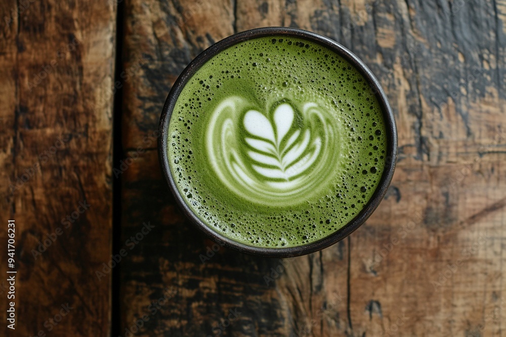Green matcha tea mixed with milk in latte glass on wood table. Space for text. Close up. Top view of hot matcha tea latte with latte art. Generative Ai Green matcha tea mixed with milk in latte glass on wood table. Space for text. Close up. Top view of hot matcha tea latte with latte art. Generative Ai