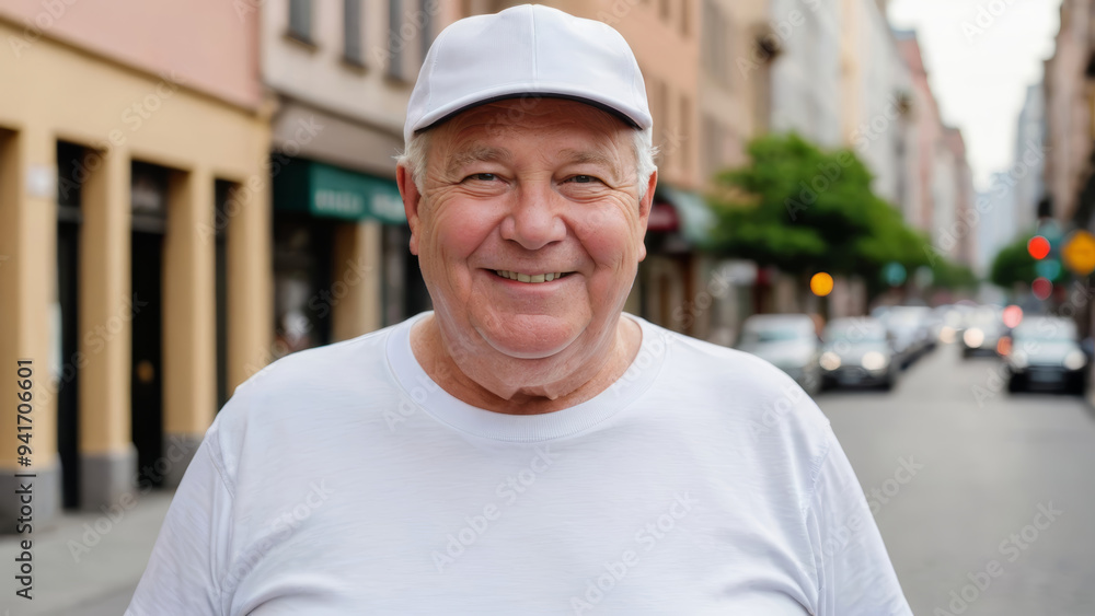 Plus size senior man wearing white t-shirt and white baseball cap standing on the street Plus size senior man wearing white t-shirt and white baseball cap standing on the street