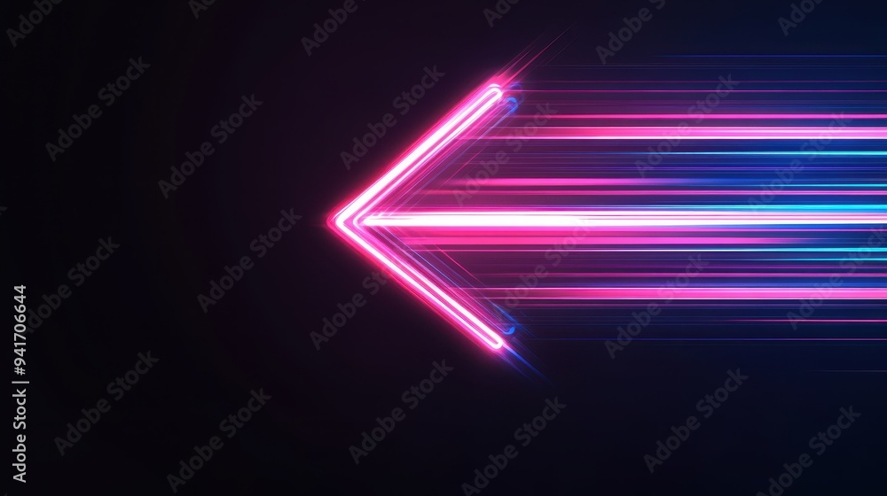 Neon arrow pointing left with vibrant colors and motion blur on a dark background, ideal for tech, direction, or futuristic themes. Neon arrow pointing left with vibrant colors and motion blur on a dark background, ideal for tech, direction, or futuristic themes.