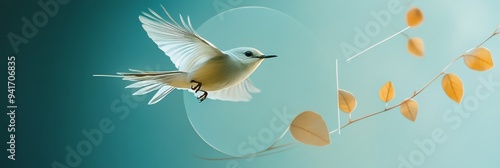 A white bird with geometric leaves in the background. The bird symbolizes freedom, hope, and new beginnings. The leaves represent growth and change. The image is an abstract representation of the cycl photo