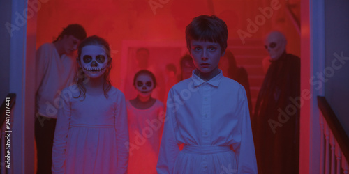 Halloween children in eerie red-lit haunted house setting. Generative AI image