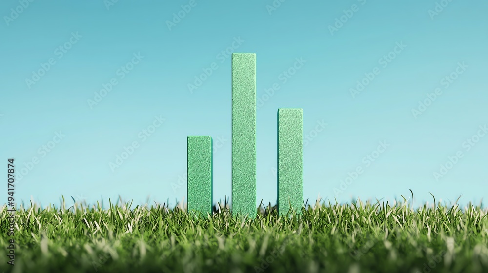 Green bar chart on a grassy field, environmental progress, 3D illustration Green bar chart on a grassy field, environmental progress, 3D illustration