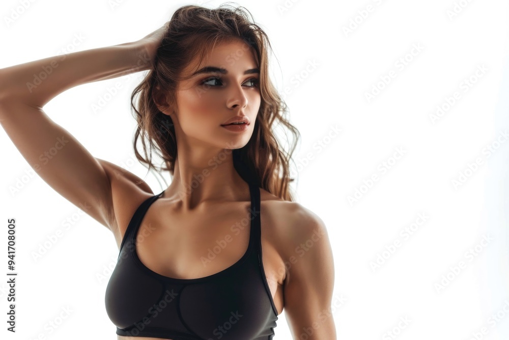 A young woman wearing a black sports bra, perfect for fitness and outdoor activities A young woman wearing a black sports bra, perfect for fitness and outdoor activities