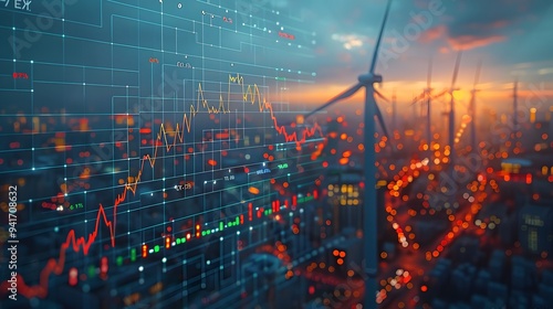 Stock market graph with wind turbines in the background, Conceptual image depicting the rise in energy prices, highlighting the increasing costs of energy and the shift towards sustainable alternative
