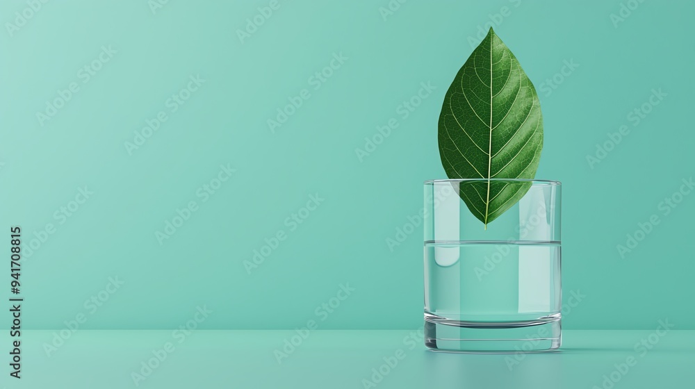 Leaf floating in a glass of water, refreshing simplicity, 3D illustration Leaf floating in a glass of water, refreshing simplicity, 3D illustration