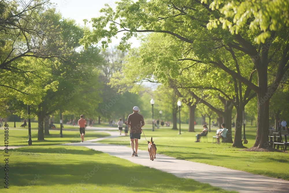 A sunny park scene with a person walking their dog along a tree-lined path. The dog happily trots on a leash, while other park-goers jog, bike, and enjoy the outdoors.
A sunny park scene with a person walking their dog along a tree-lined path. The dog happily trots on a leash, while other park-goers jog, bike, and enjoy the outdoors.