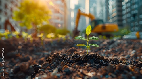 Green Building and Sustainable Development Concept, small plant sprouting from the ground in an urban environment, with construction machinery	