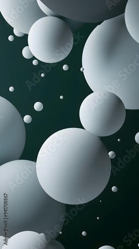 White Circles, Balls, Spheres, Bubbles on Green Background, Abstract Image, Texture, Pattern, Wallpaper, Cover and Screen of Smartphone, Cell Phone, Computer, Laptop, 9:16 and 16:9 Format