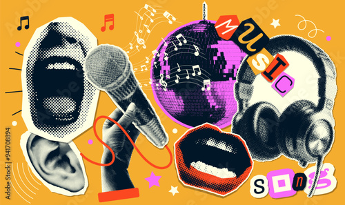 Trendy set of halftone paper stickers torn from newspapers on the theme of singing in a karaoke club, retro party. Headphones, singing mouth, hand with mike, disco ball. Vector illustration.