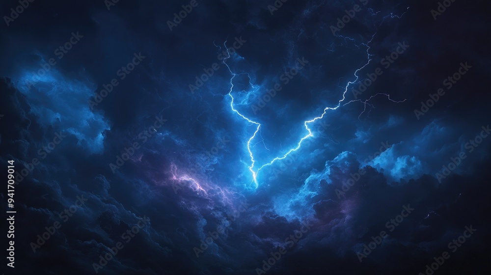Forked lightning strikes through dark storm clouds, casting an electric blue glow across the night sky. The scene captures the raw, untamed power of nature. Forked lightning strikes through dark storm clouds, casting an electric blue glow across the night sky. The scene captures the raw, untamed power of nature.
