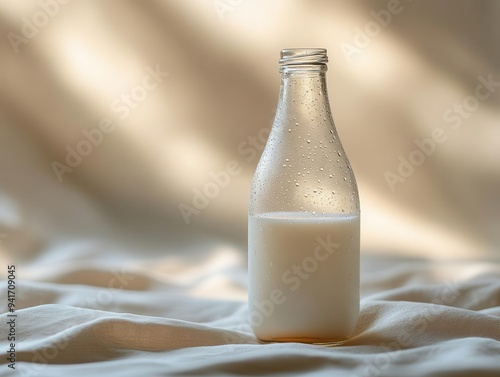 crystalclear glass milk bottle pearlescent liquid inside droplets of condensation minimalist white backdrop soft diffused lighting photo