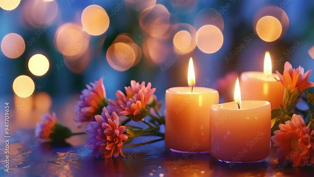 Three lit candles with pink flowers and a soft bokeh background. Three lit candles with pink flowers and a soft bokeh background.