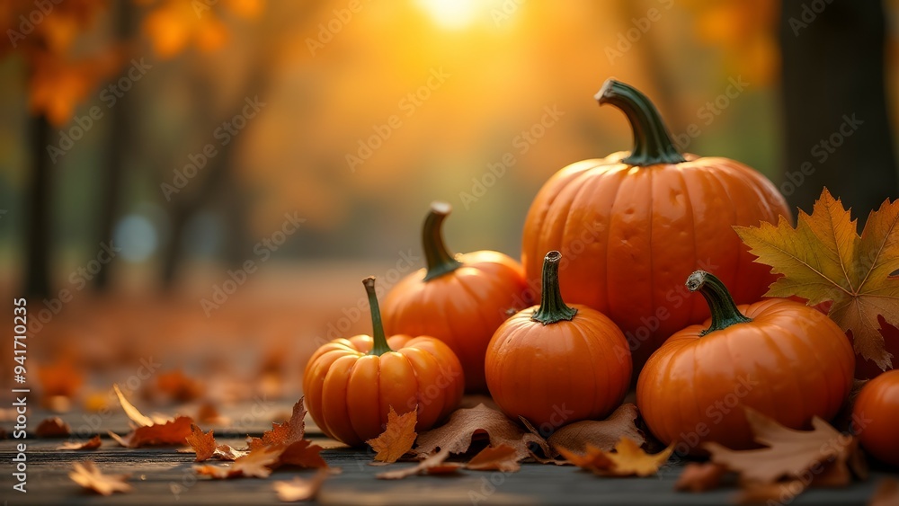Pumpkins on a wooden surface with fallen leaves, bathed in warm sunlight, creating a peaceful autumn scene Pumpkins on a wooden surface with fallen leaves, bathed in warm sunlight, creating a peaceful autumn scene