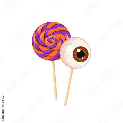 Halloween lollipops on stick isolated on white background. Candy caramel eye and lollipop swirl. Vector cartoon illustration of holiday scary treats.