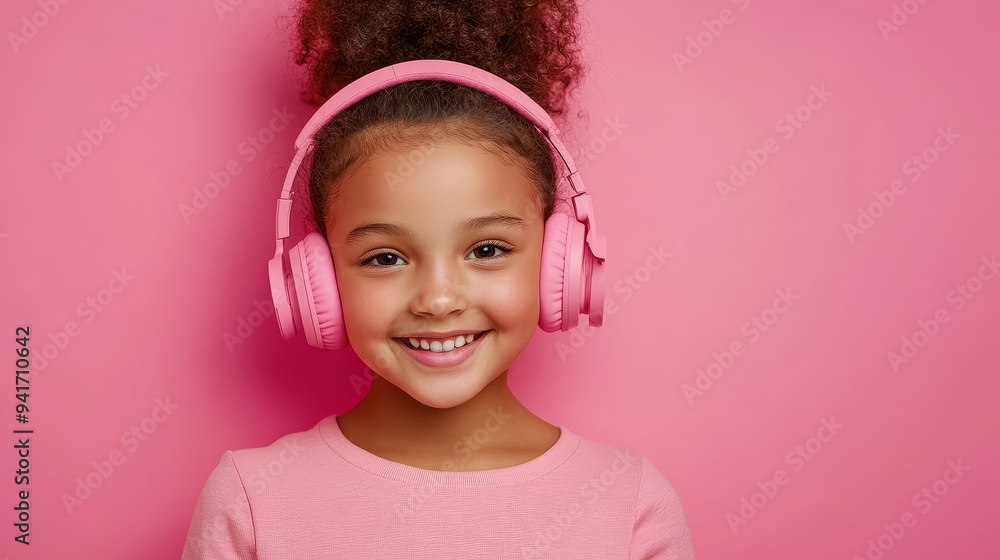 A young girl with an afro hairstyle wearing pink headphones, a pink shirt, and a big smile, against a pink background. This image represents joy, music, childhood, and happiness. A young girl with an afro hairstyle wearing pink headphones, a pink shirt, and a big smile, against a pink background. This image represents joy, music, childhood, and happiness.