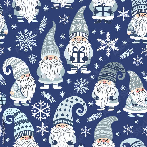 Simple vector seamless pattern for kids with cute christmas gnomes and snowflakes. Christmas print for wrapping paper, Christmas cards, scrapbooking