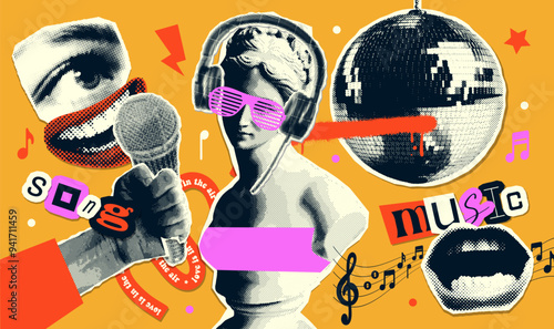 Set of Collage trendy halftone elements, 90s music, retro nostalgia. trendy Y2K elements with antique statue singing in mike. Paper torn out stickers. Vector illustration.