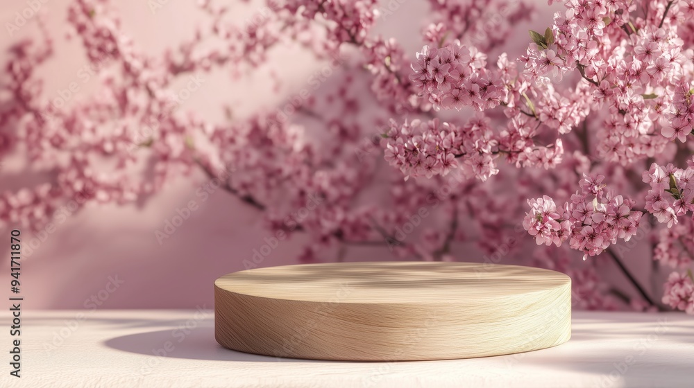Wooden product display stand with pink flowers. Wooden product display stand with pink flowers.