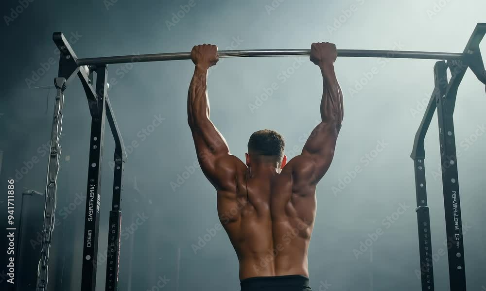 Muscular Might: A lone athlete pushes his limits with a powerful pull-up, showcasing impressive back muscles in a dramatic gym setting. 