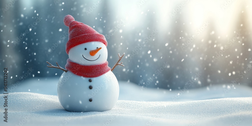 Fototapeta premium Enchanting Winter Wonderland: Romantic Snowy Landscape with 3D Snowman for Holiday Marketing. Dreamy Festive Scene Perfect for Christmas, New Year, and Spring Festival Promotions. Minimalist Design wi