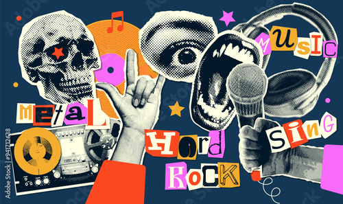 Hard rock set of halftone collage elements on the theme of metal singing, grunge music. Headphones, skull, hand with rock gesture and open lips. Trendy retro vector illustration