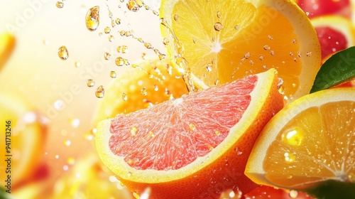 Juicy citrus fruits, mid-slice with juice droplets spraying, vibrant colors, 3D illustration
