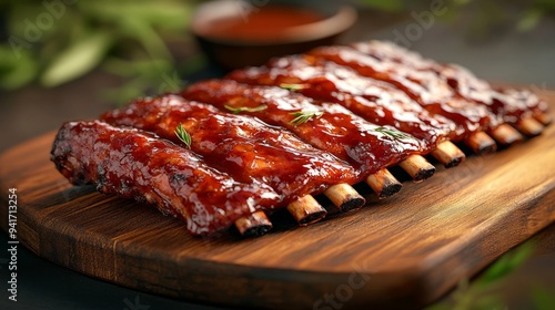 Juicy rack of ribs, sticky barbecue glaze, glistening on wooden platter, 3D illustration photo