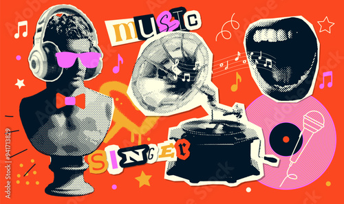 Pop art halftone collage with antique statue in headphones, retro gramophone and vintage singer paper elements. Club party poster, magazine. 80s, 90s Psychedelic, surreal art. Vector stickers set