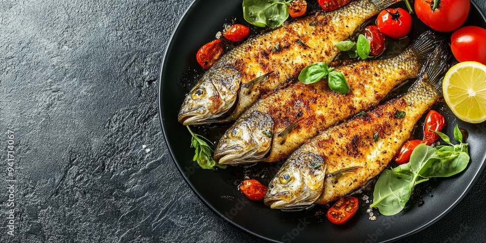 Grilled carp garnished with fresh basil and cherry tomatoes on a black plate Grilled carp garnished with fresh basil and cherry tomatoes on a black plate